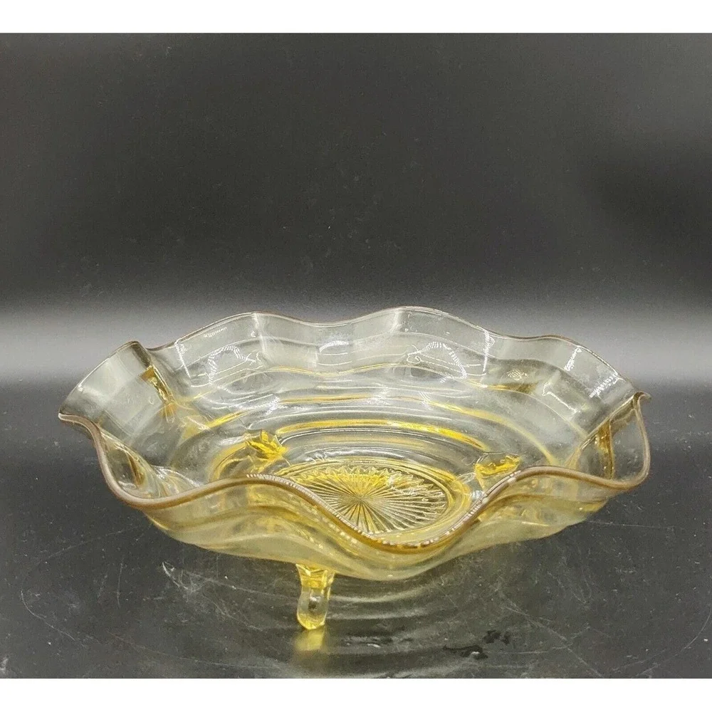 Lancaster Topaz Yellow 3 Toed ElegantCenterpiece, Fruit Bowl-Ruffle Ribbon Sides
